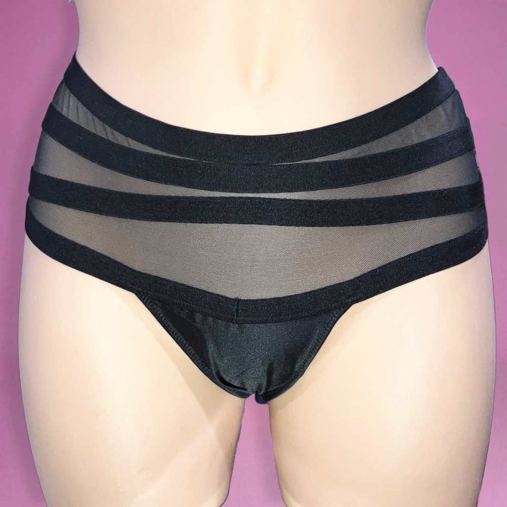 Very RARE Victoria's Secret Very Sexy Strappy Mesh Black V-string Thong Panty S